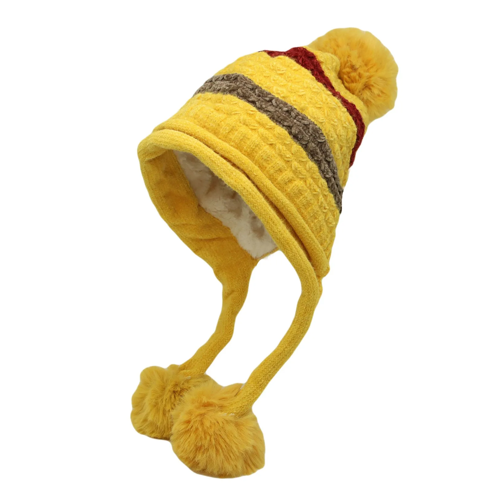 Winter Fleece Lining Soft Knit Beanie Hat Pom Earflaps YZ70080