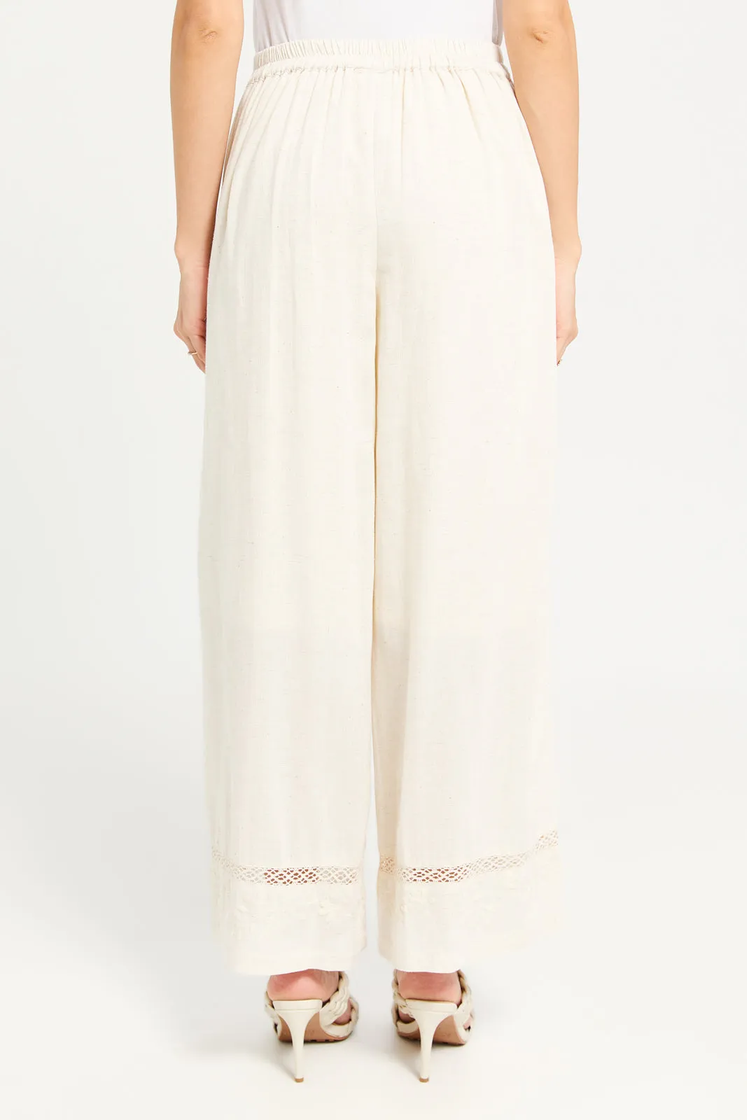 Women Beige Embellished Wide Leg Trouser