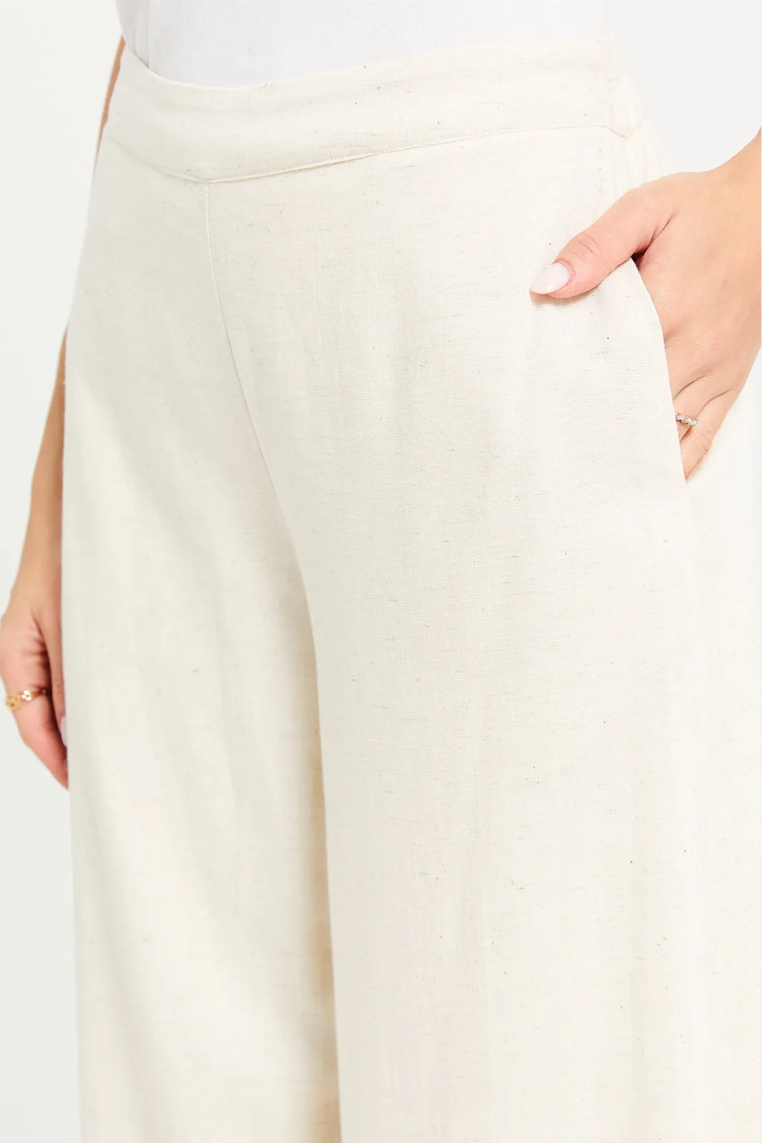 Women Beige Embellished Wide Leg Trouser