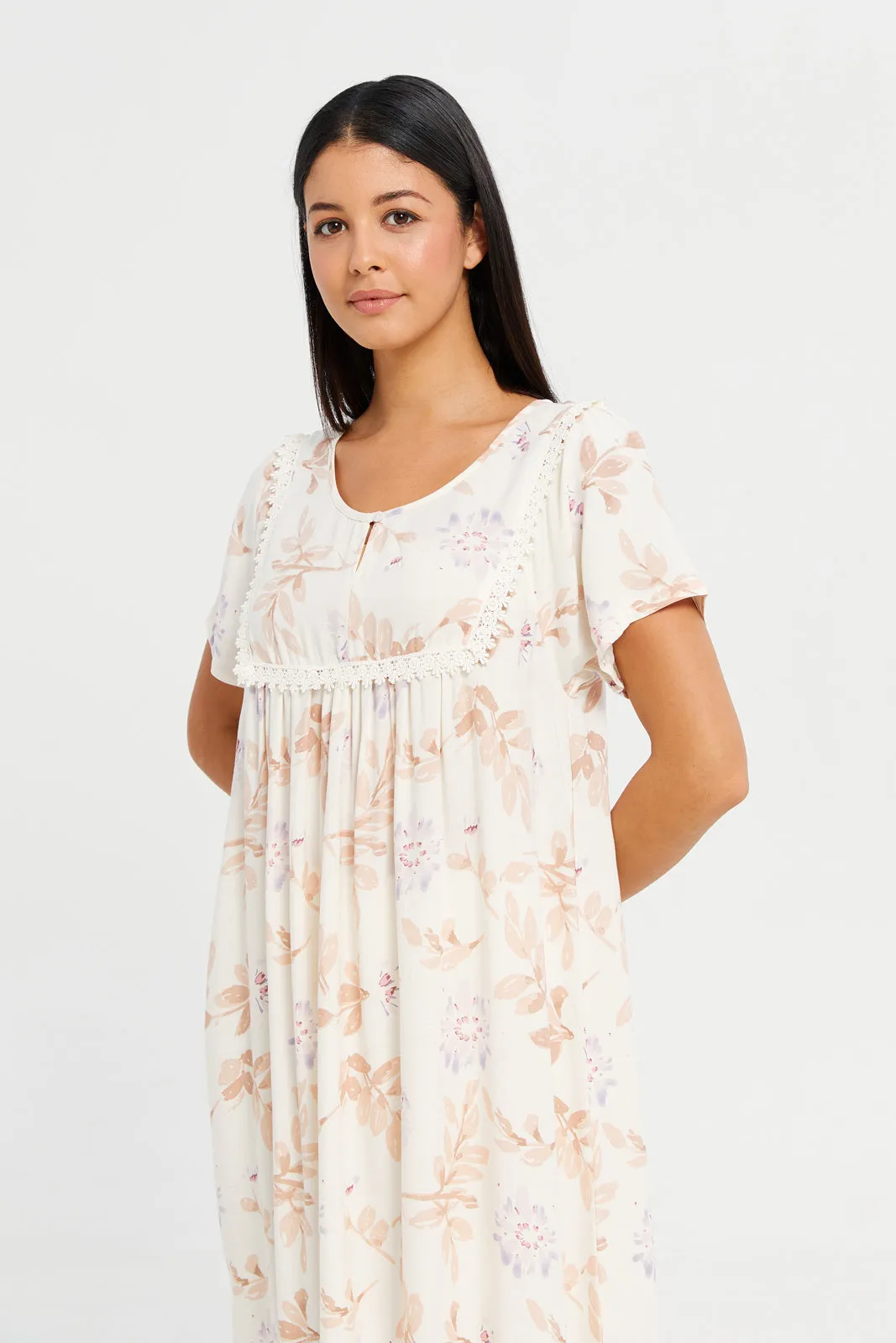 Women Beige Floral Printed Nightgown