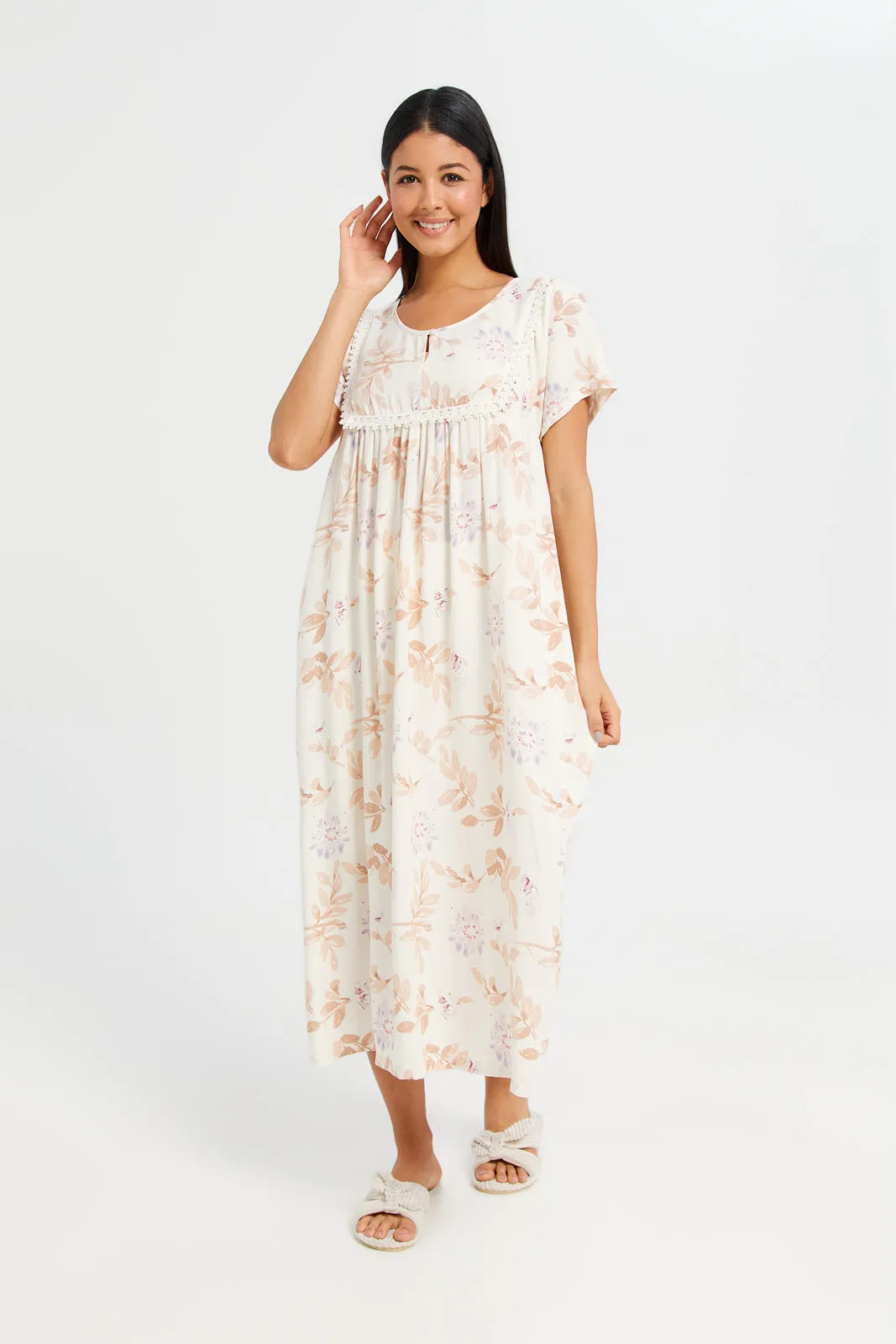 Women Beige Floral Printed Nightgown