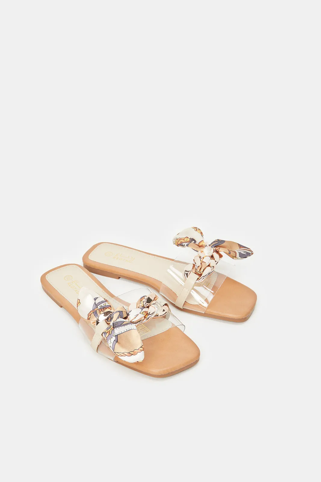 Women Beige Mule Embellished With Scarf Upper