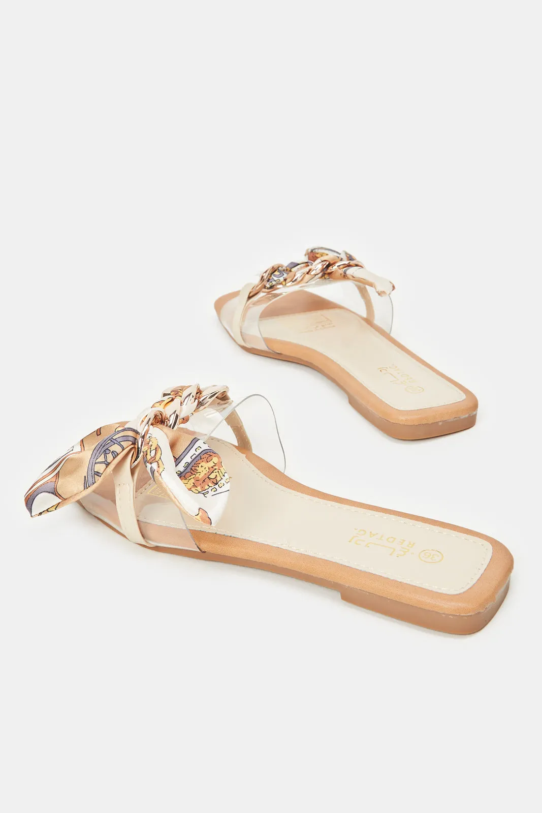 Women Beige Mule Embellished With Scarf Upper