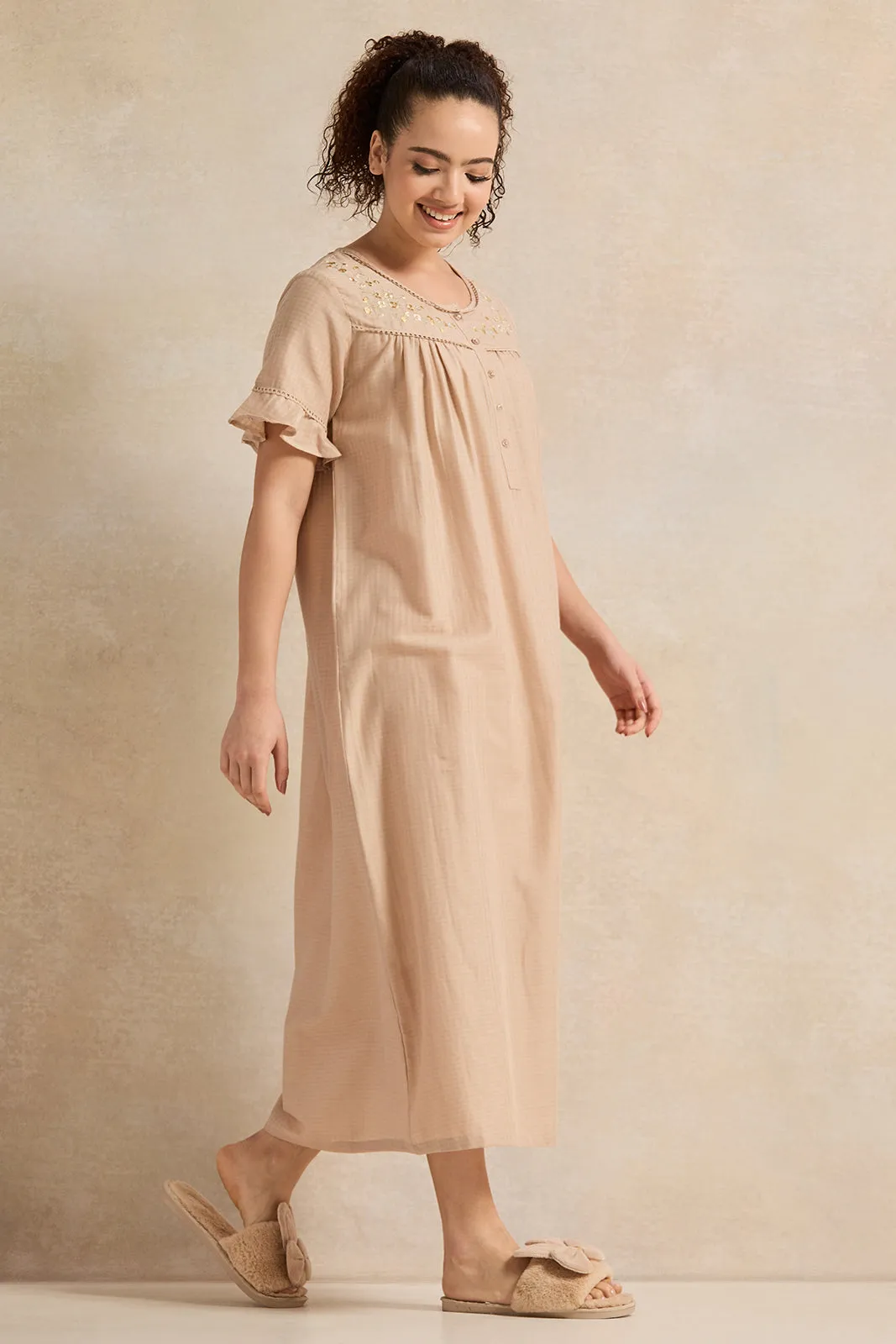 Women Beige With Neck Detail Nightgown