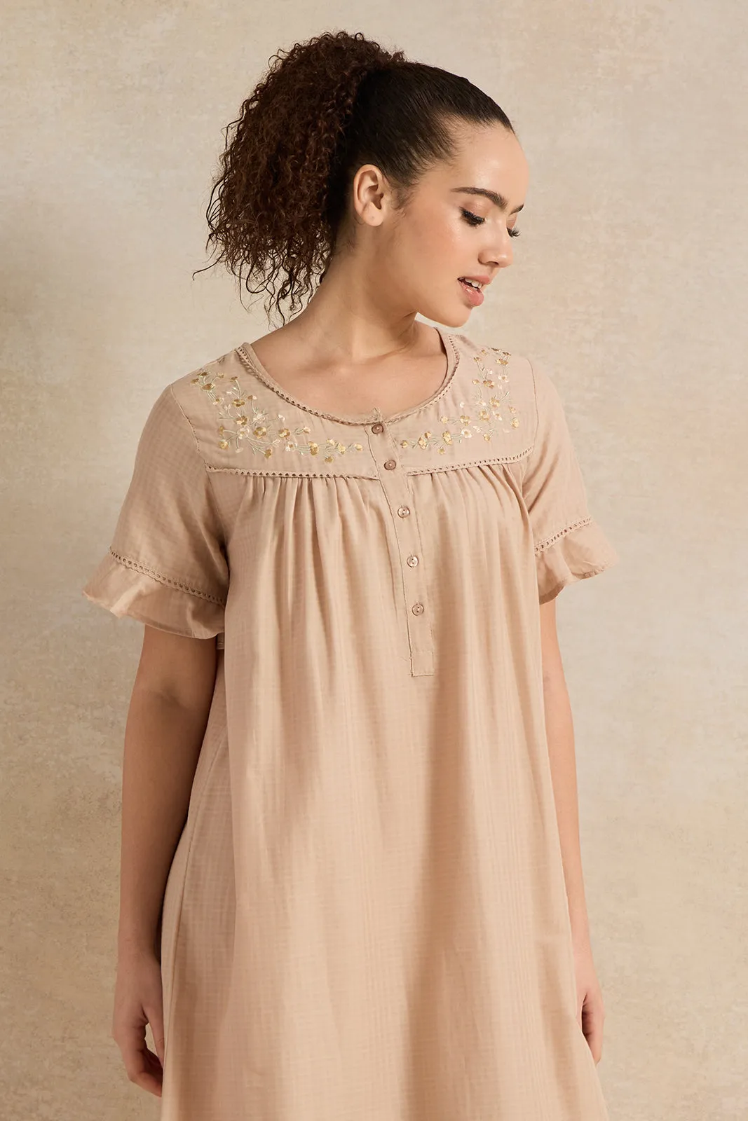 Women Beige With Neck Detail Nightgown