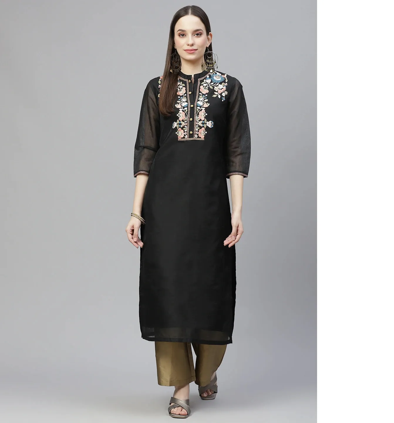 Women Black & Beige Yoke Embroidered Kurta With Palazzos