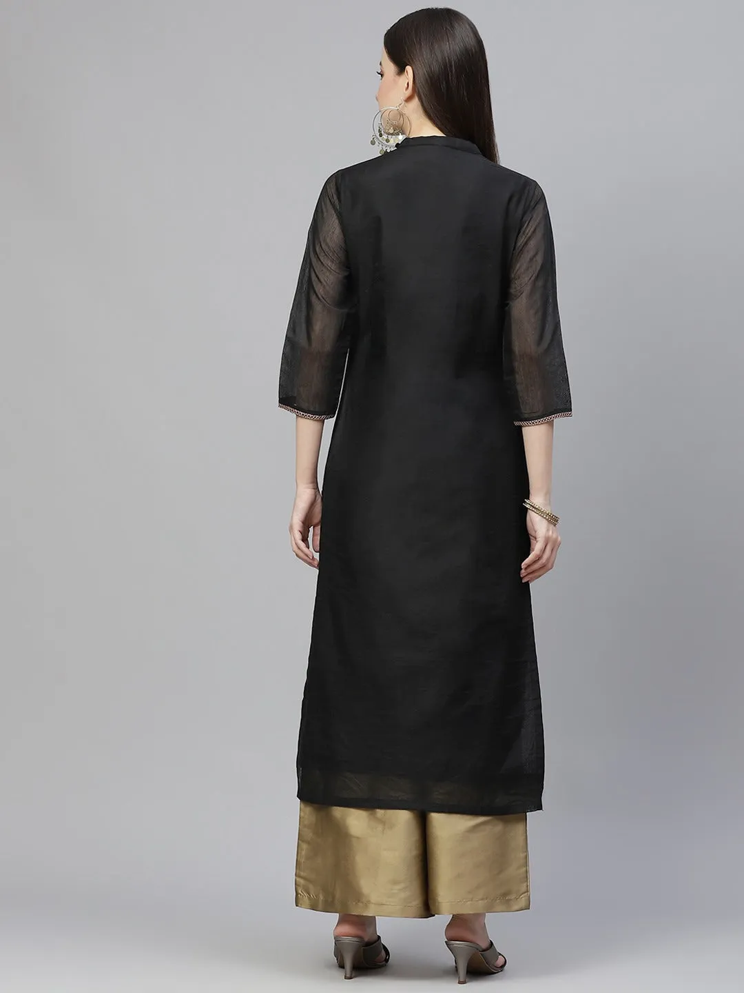 Women Black & Beige Yoke Embroidered Kurta With Palazzos