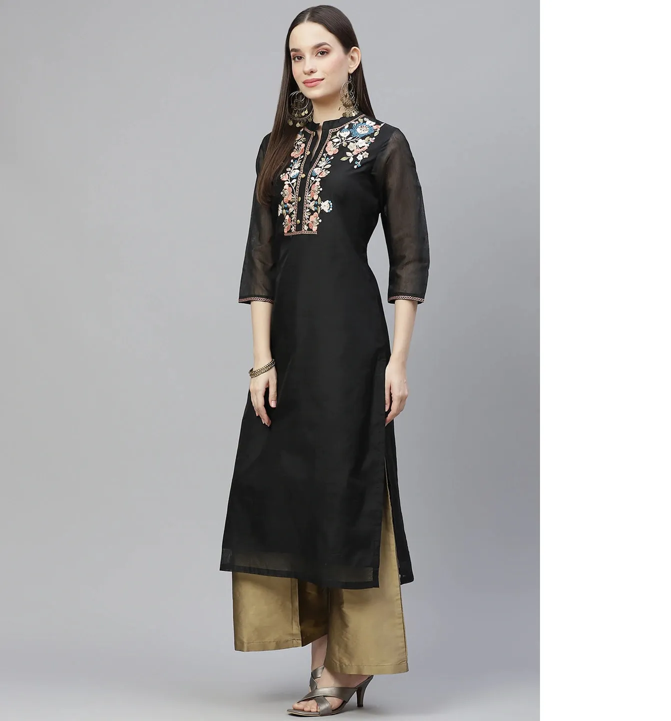 Women Black & Beige Yoke Embroidered Kurta With Palazzos