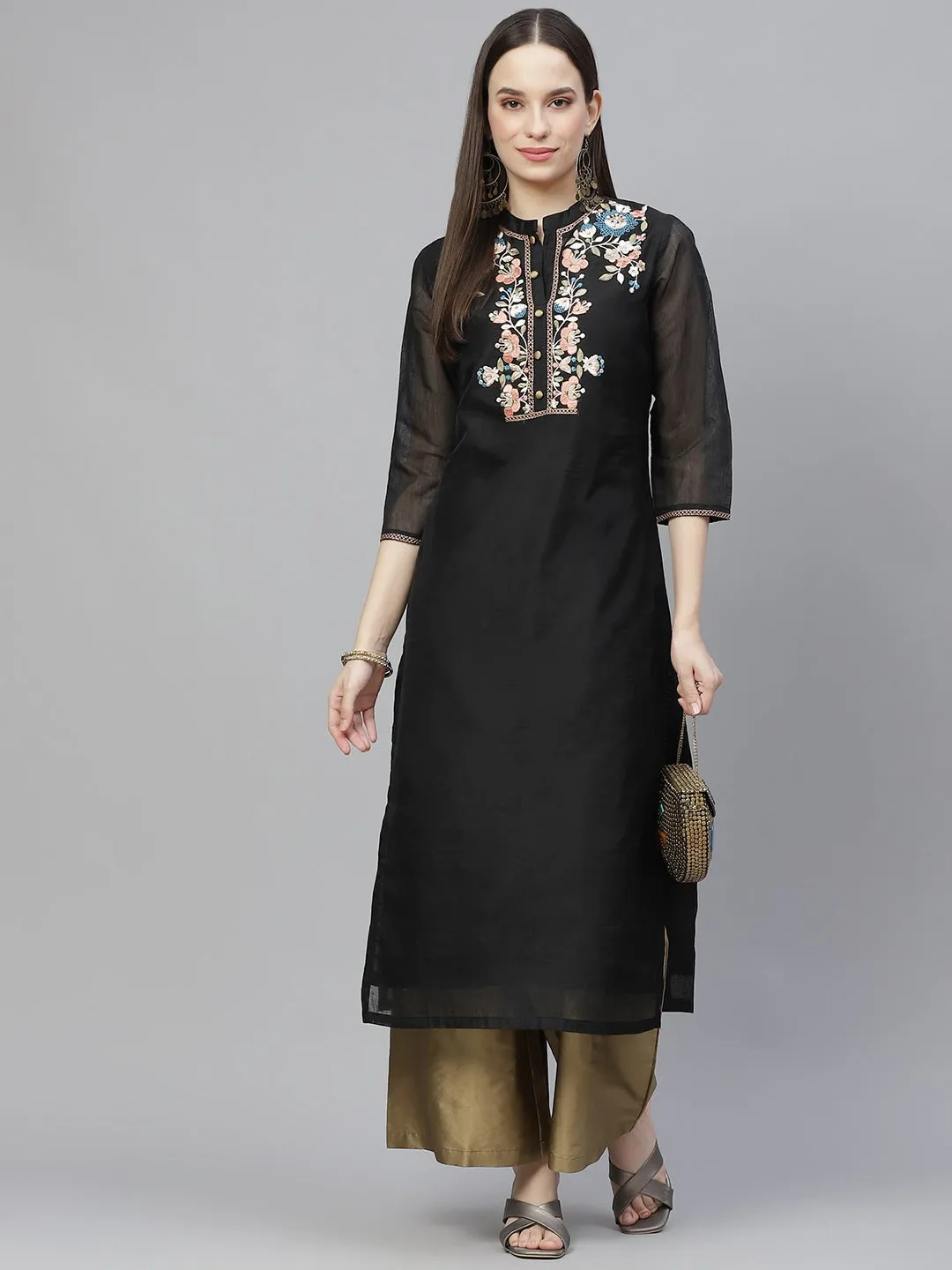 Women Black & Beige Yoke Embroidered Kurta With Palazzos