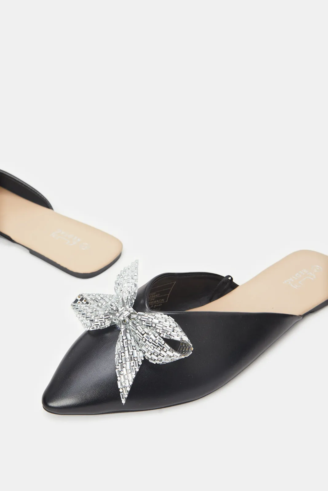 Women Black Bow Trim Mule