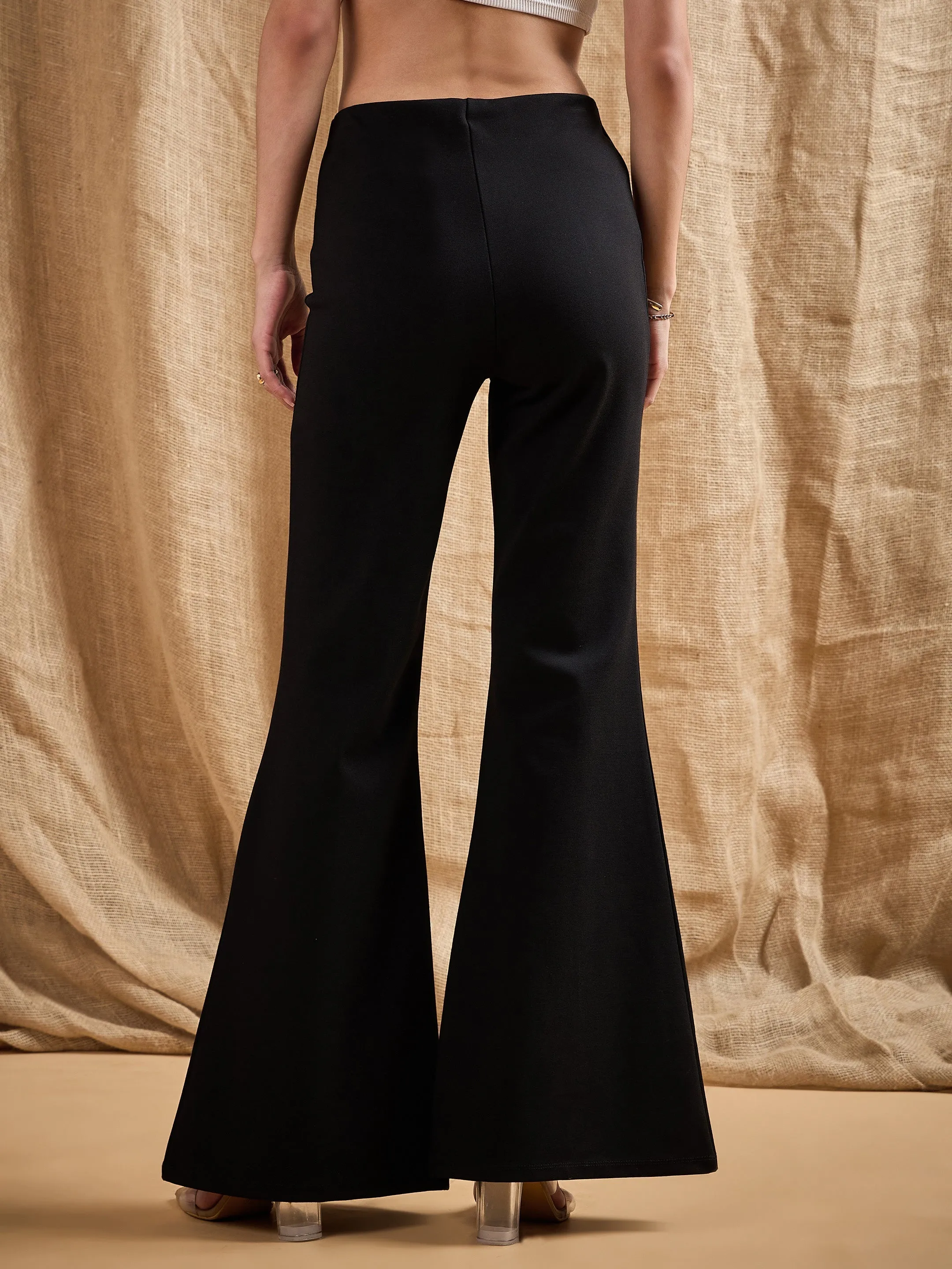 Women Black Front Button Flared Bell Bottom Pants