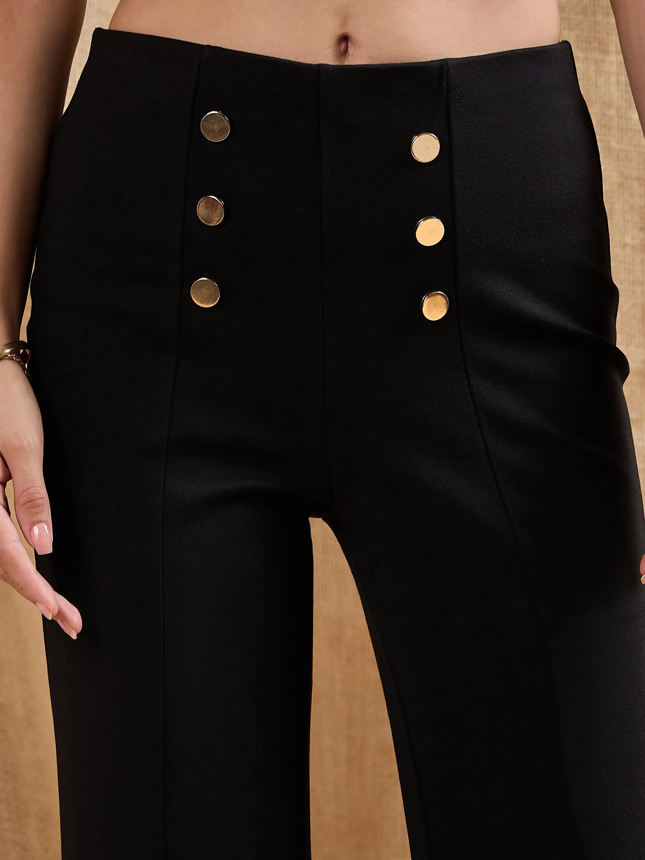 Women Black Front Button Flared Bell Bottom Pants