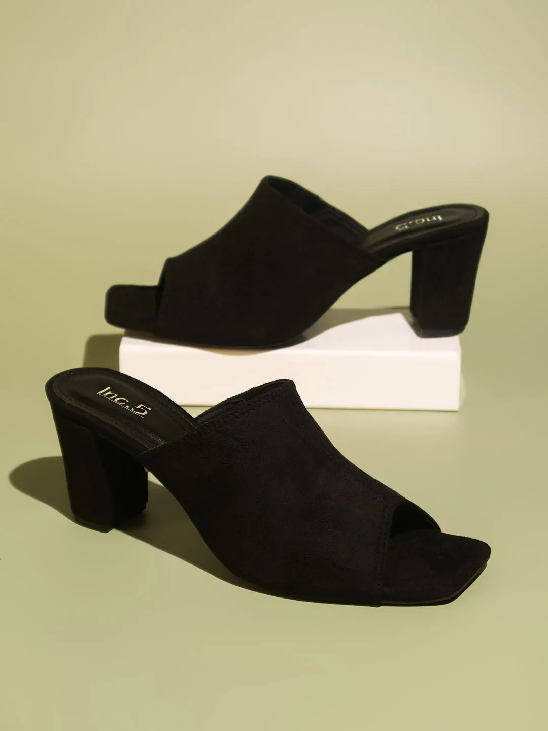 Women Black Peep Toe Block Heels