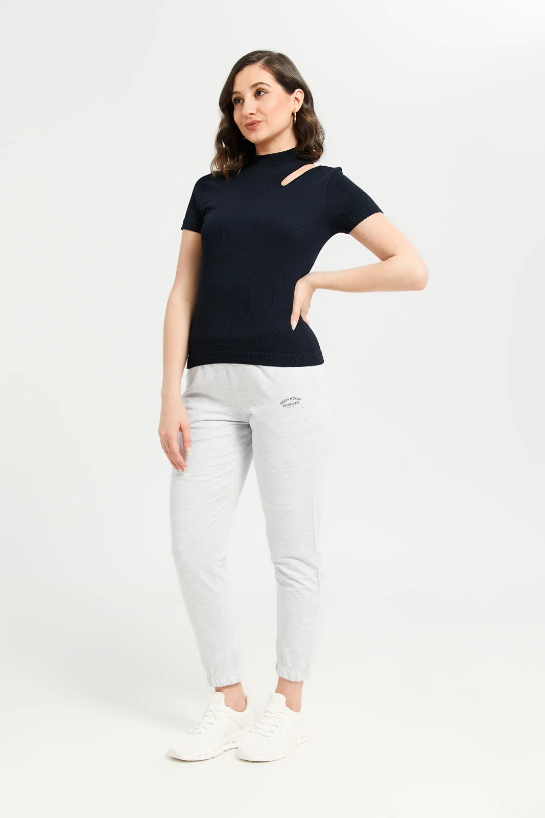 Women Black Ribbed Cutout T-Shirt