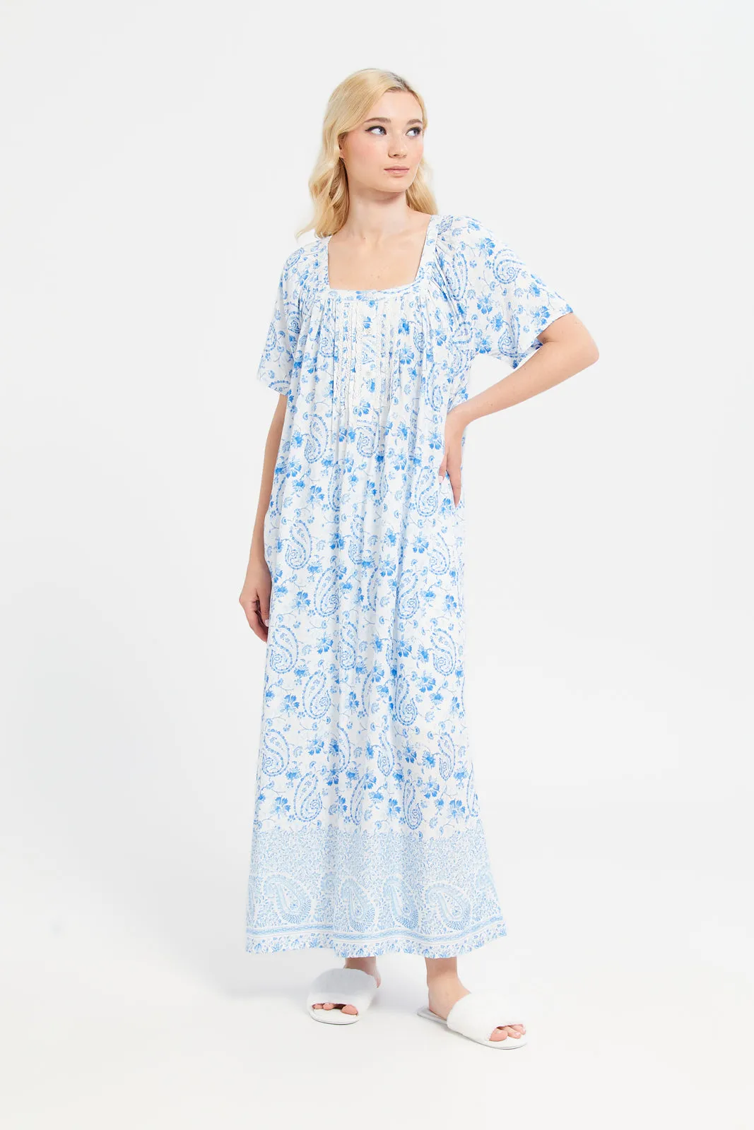 Women Blue Lace Short Sleeve Printed Nightgown