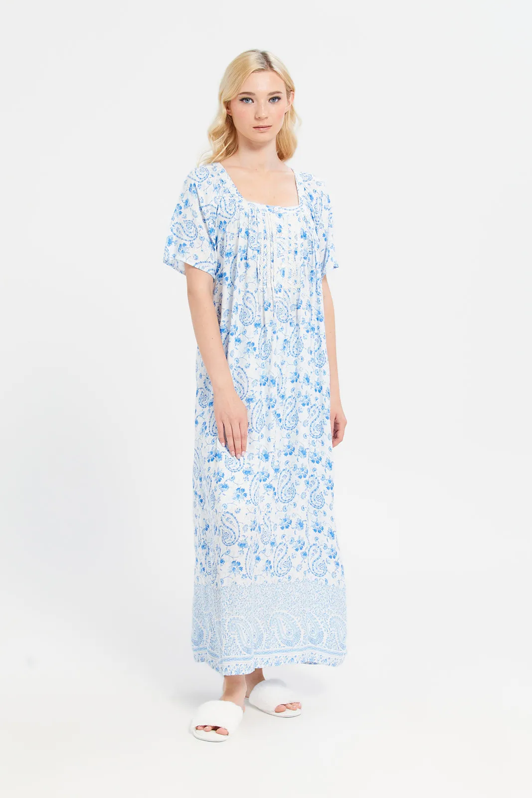 Women Blue Lace Short Sleeve Printed Nightgown