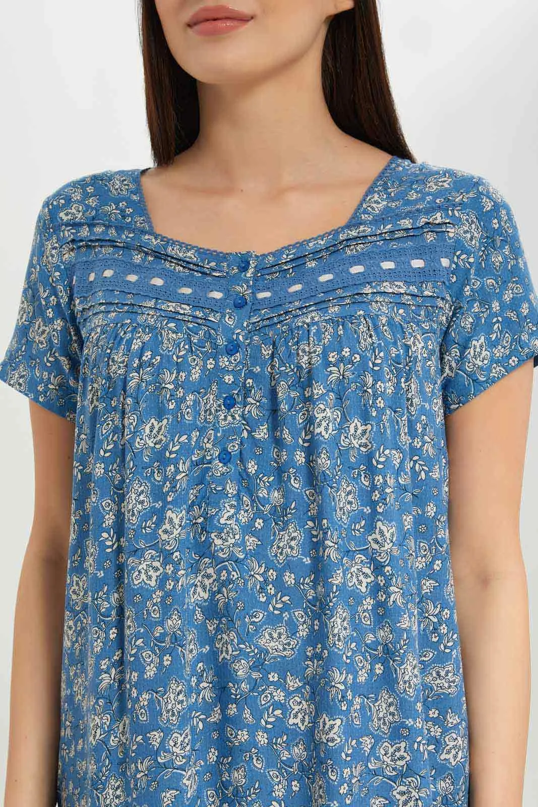 Women Blue Printed Nightgown