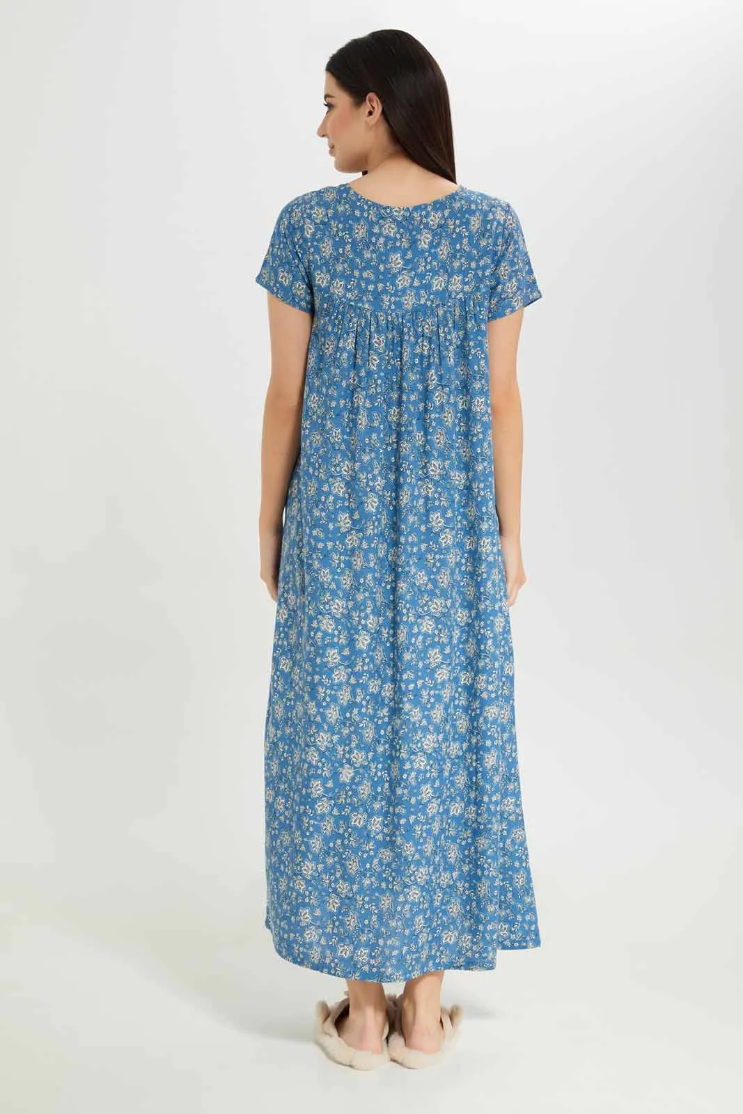 Women Blue Printed Nightgown