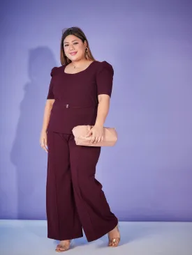 Women Burgundy Belted Top With Bell Bottom Pants