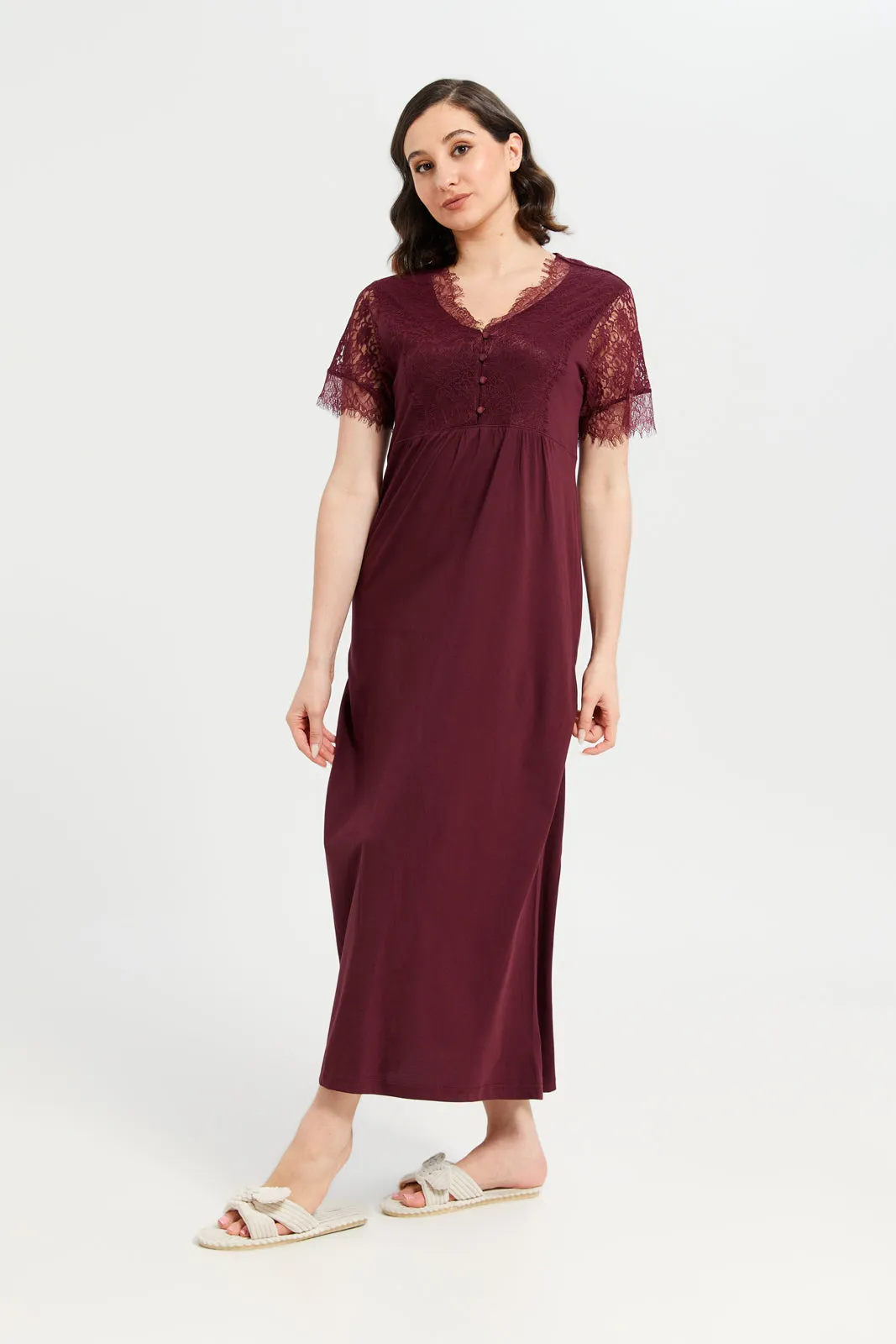 Women Burgundy Lace Knit Nightgown