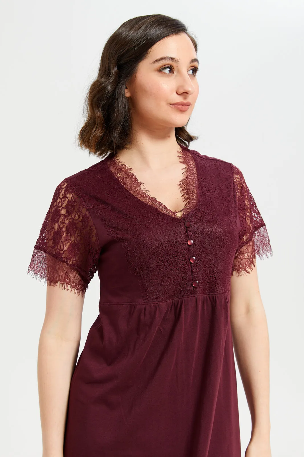 Women Burgundy Lace Knit Nightgown