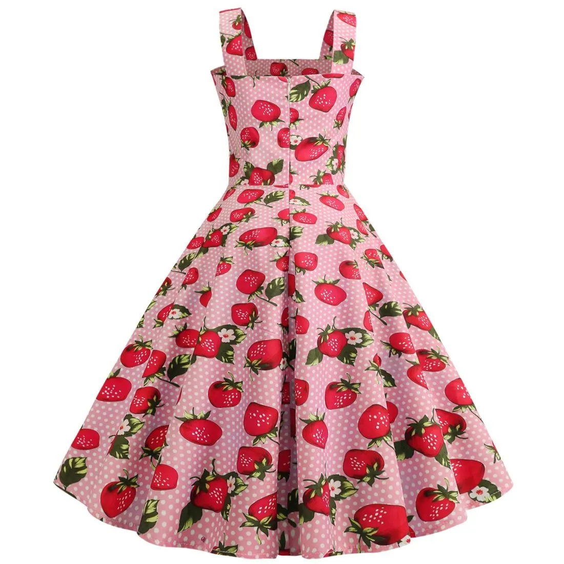 Women Cherries Strawberry Print Vintage Prom Dress Sleeveless 1950s Retro Evening Party Dress