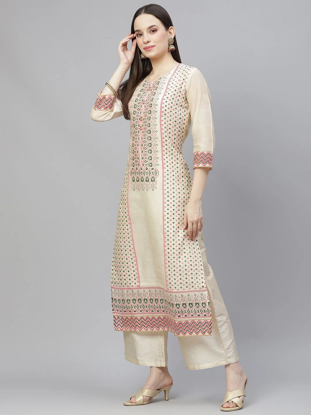 Women Cream-Coloured Ethnic Motifs Printed Kurta With Palazzos