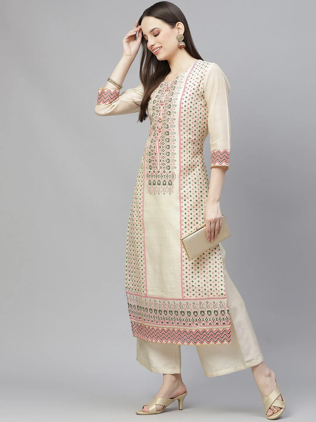 Women Cream-Coloured Ethnic Motifs Printed Kurta With Palazzos