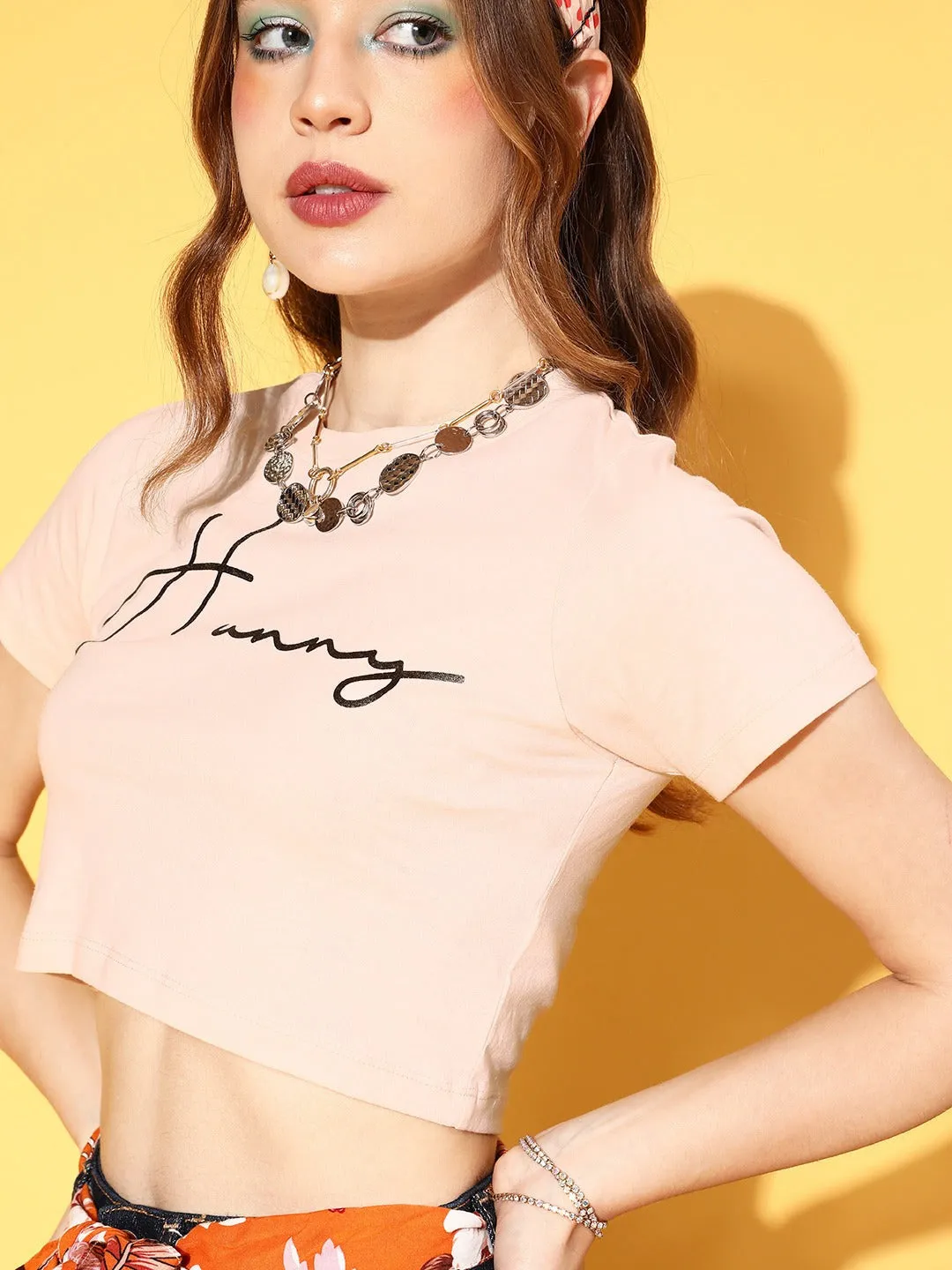 Women Cream Hunny Slim Fit Crop T-Shirt