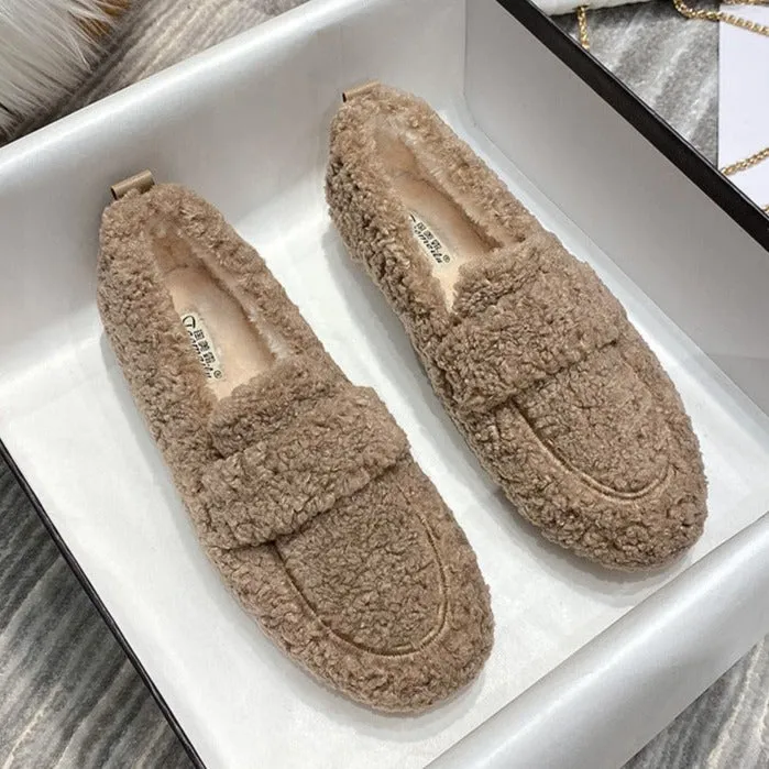 Women Cute Winter Warm Lamb Fur Flat Shoes Loafers