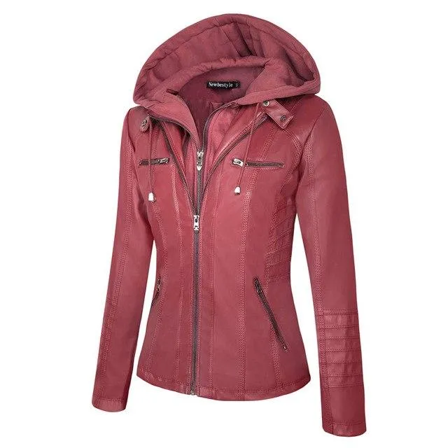 Women Faux Leather Hooded Jacket Female Slim Fit Short Motorcycle Jacket