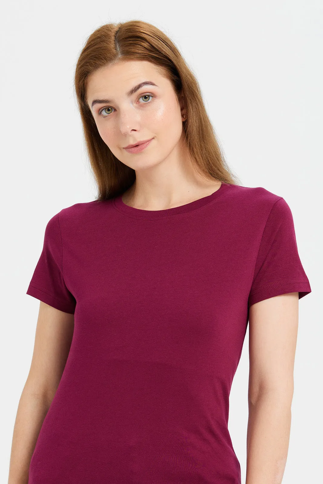 Women Fuchsia Plain Short Sleeve T-Shirt