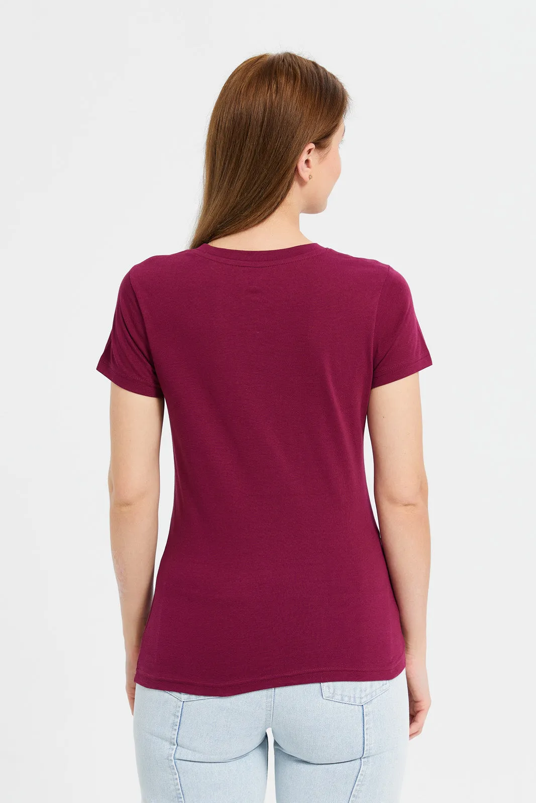 Women Fuchsia Plain Short Sleeve T-Shirt