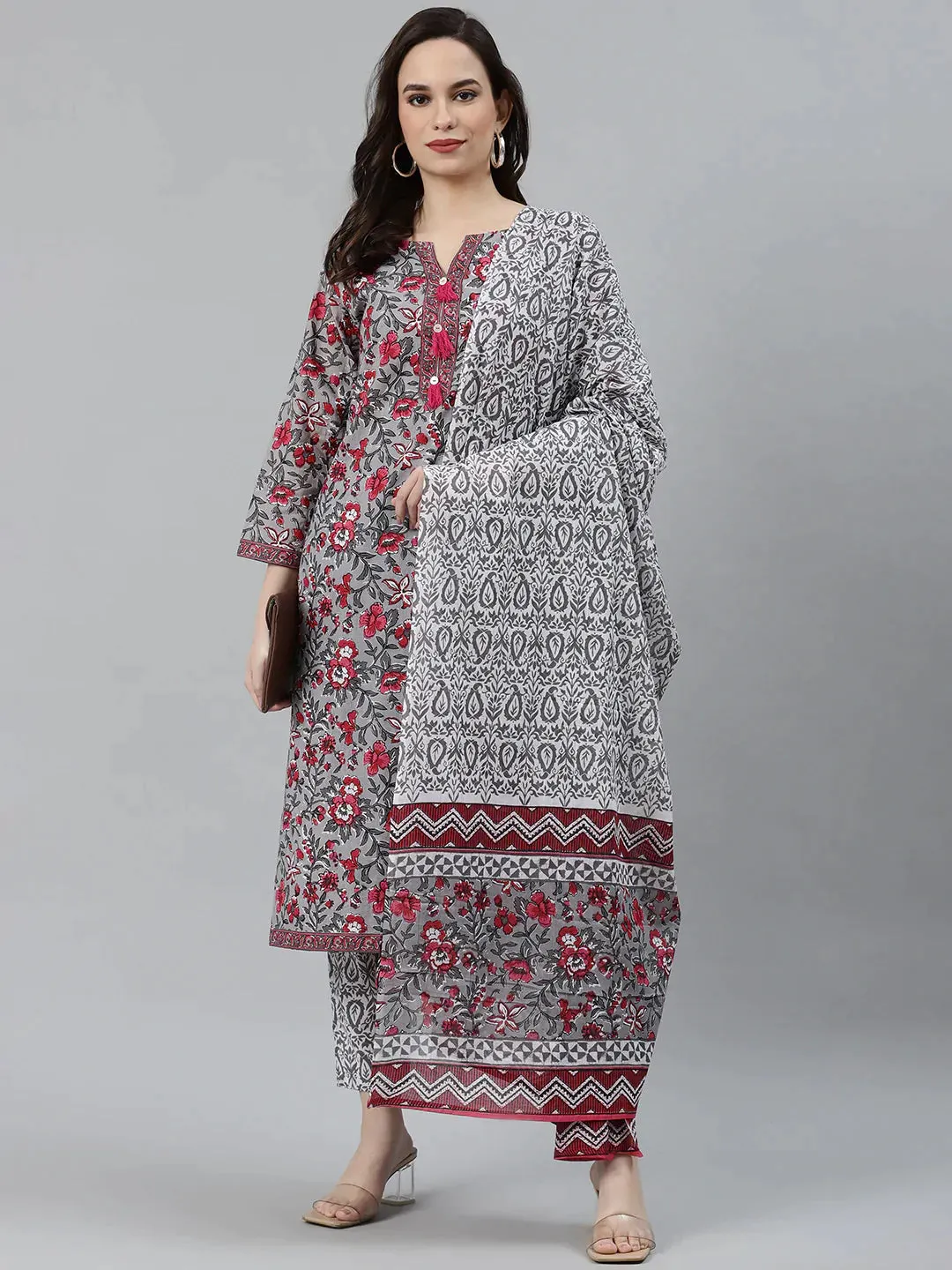 Women Grey & Magenta Block Print Pure Cotton Kurta With Trousers & Dupatta