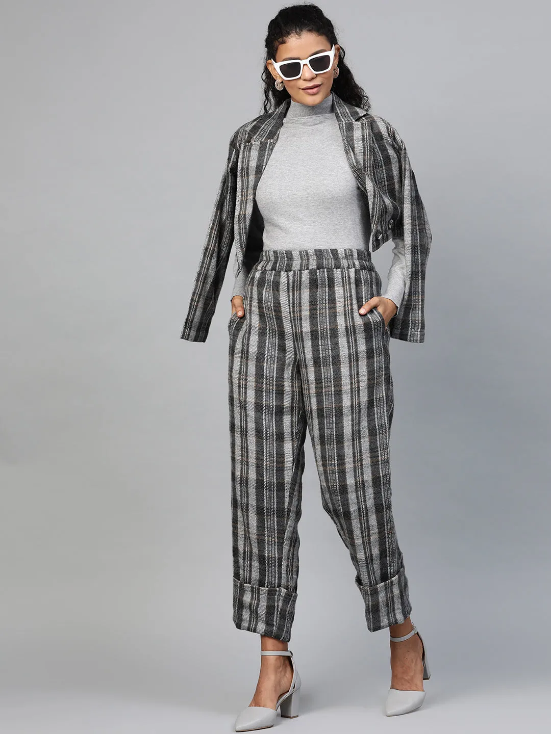 Women Grey Check Roll Up Trousers