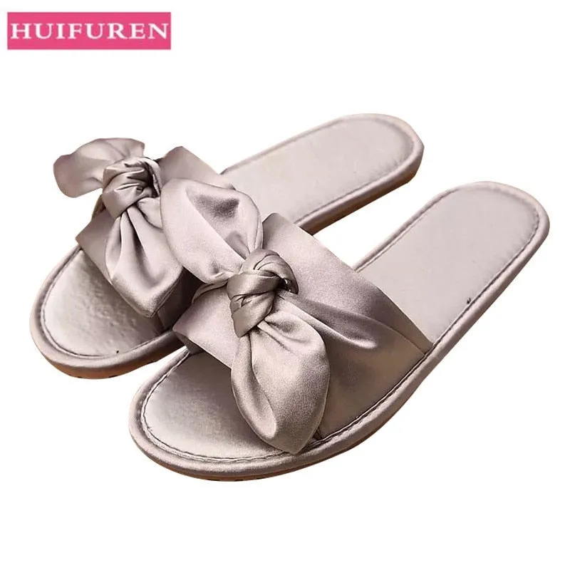 Women Home Slipper Indoor Outdoor Bow Flip-flops Fashion Silk Flat Shoes New Fashion Female Casual flower Print Slides SH021401