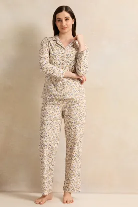 Women Ivory Printed Flannel Pajama Set (2 Piece)