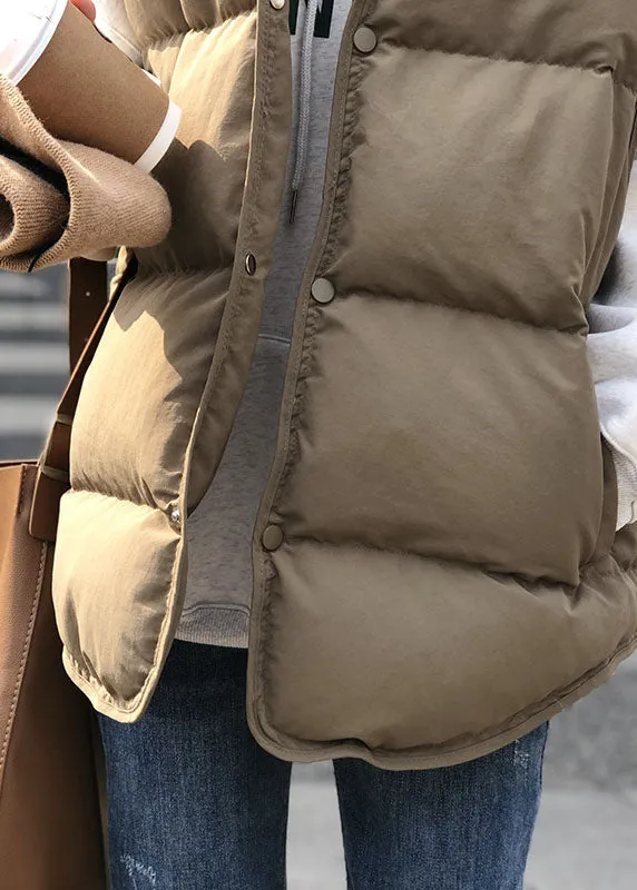 Women Khaki Casual Stand Collar Thick Winter Sleeveless Puffer Vest