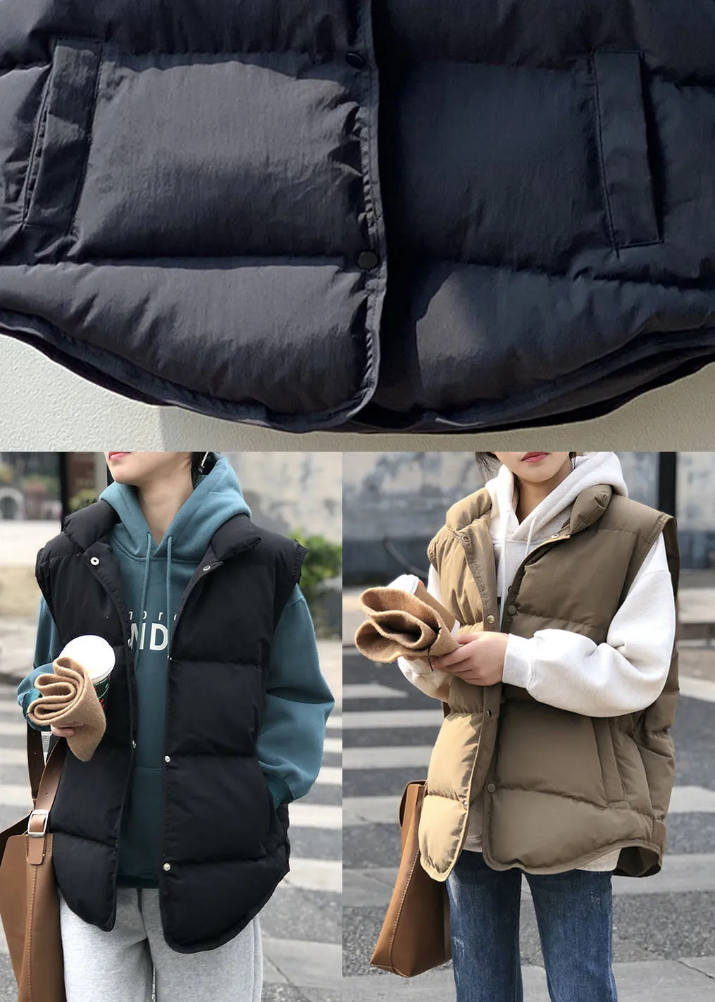 Women Khaki Casual Stand Collar Thick Winter Sleeveless Puffer Vest