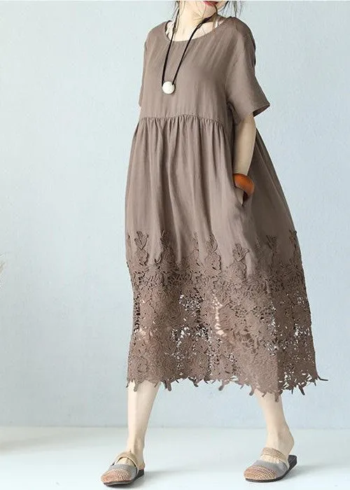 women khaki linen maxi dress Loose fitting O neck traveling dress women short sleeve baggy dresses