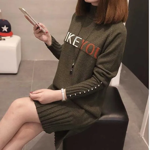 Women Knit Sweater Pullover NEW Autumn Winter Clothes Half Turtleneck Long-sleeved Bead Medium long Jumper Sweater Female Tops