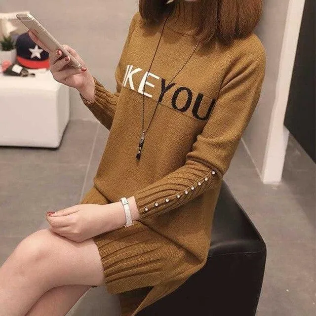 Women Knit Sweater Pullover NEW Autumn Winter Clothes Half Turtleneck Long-sleeved Bead Medium long Jumper Sweater Female Tops