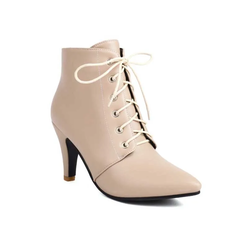 Women Lace-Up Faux Leather Low Heel Ankle Boots Dress Boots