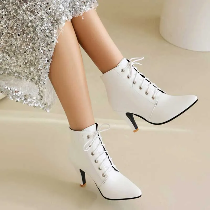 Women Lace-Up Faux Leather Low Heel Ankle Boots Dress Boots