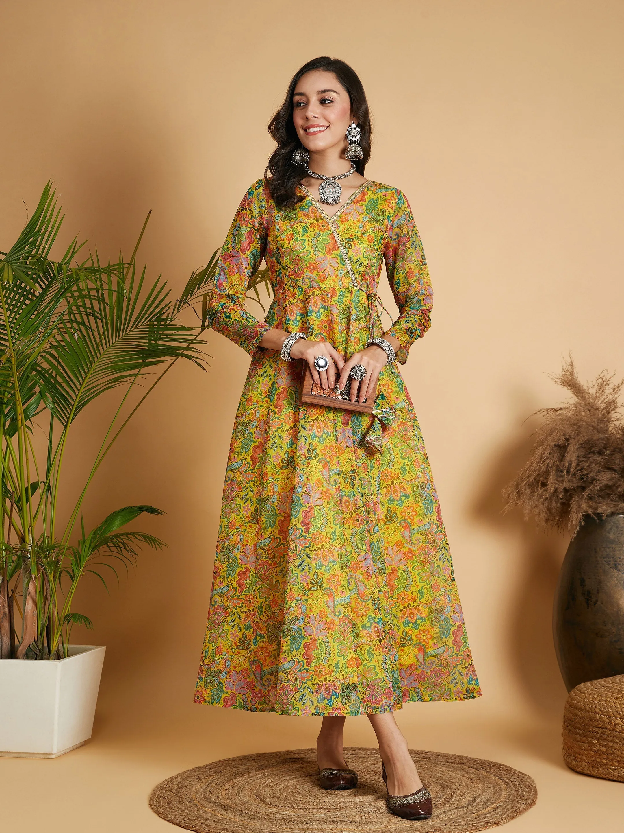 Women Lemon Yellow Floral Anarkali Maxi Dress