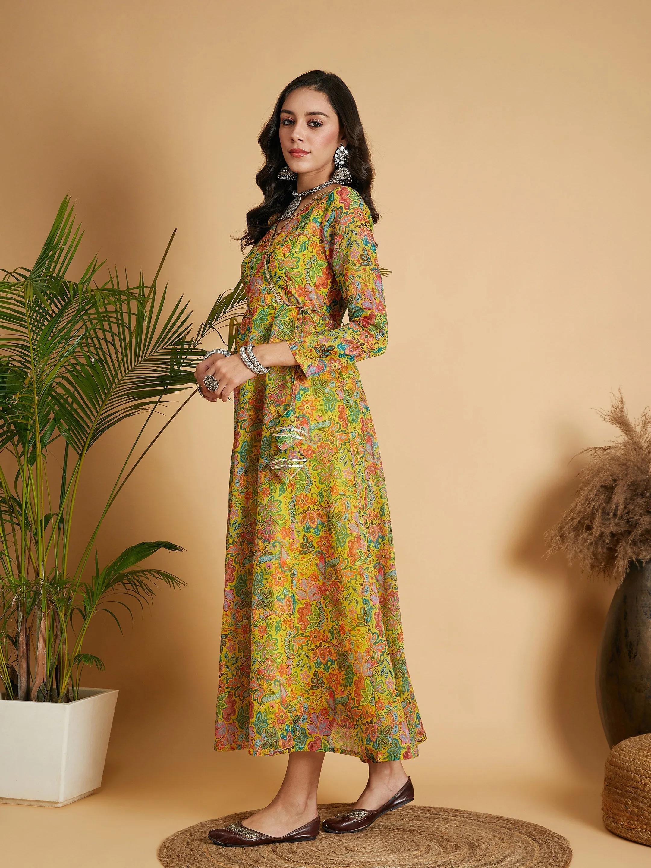 Women Lemon Yellow Floral Anarkali Maxi Dress