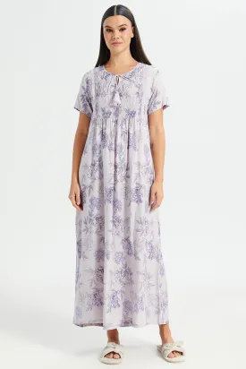 Women Lilac Aop Front Frill Nightgown