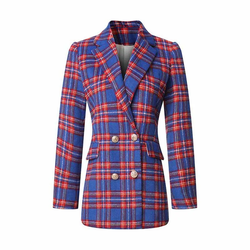 Women Long Sleeve Checked Blazer Coat Blue