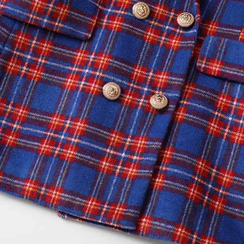 Women Long Sleeve Checked Blazer Coat Blue