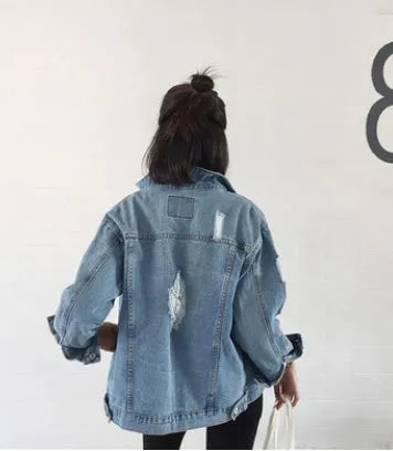 Women Look Thin  Loose Wash Water Frayed Denim Jacket